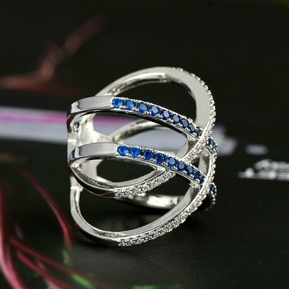 FIRM  Blue Criss-Cross Sapphire .925 Silver Ring - Picture 3 of 5